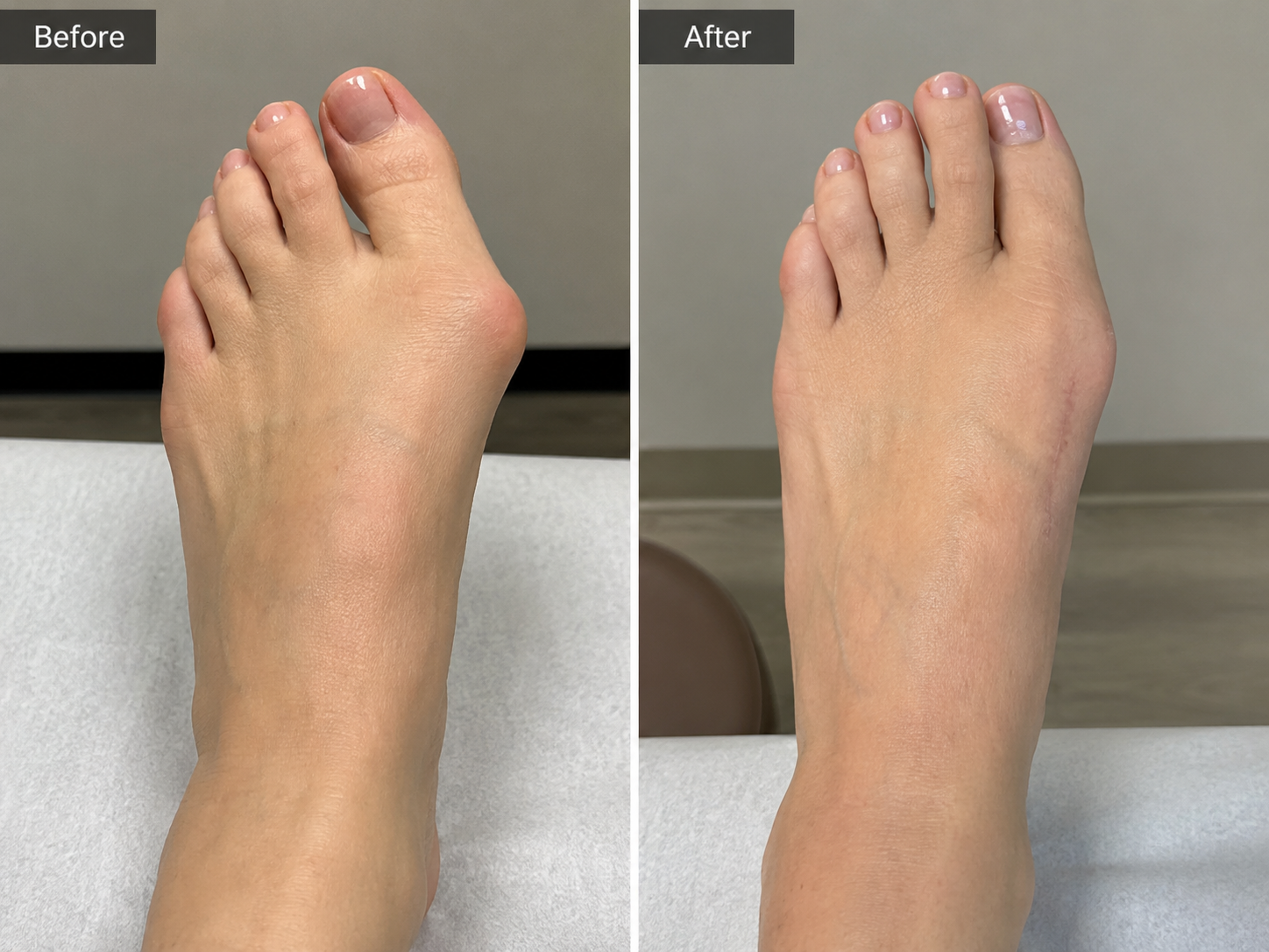 Bunion Correction — before and after treatment by Mid-South foot and ankle podiatry surgeon