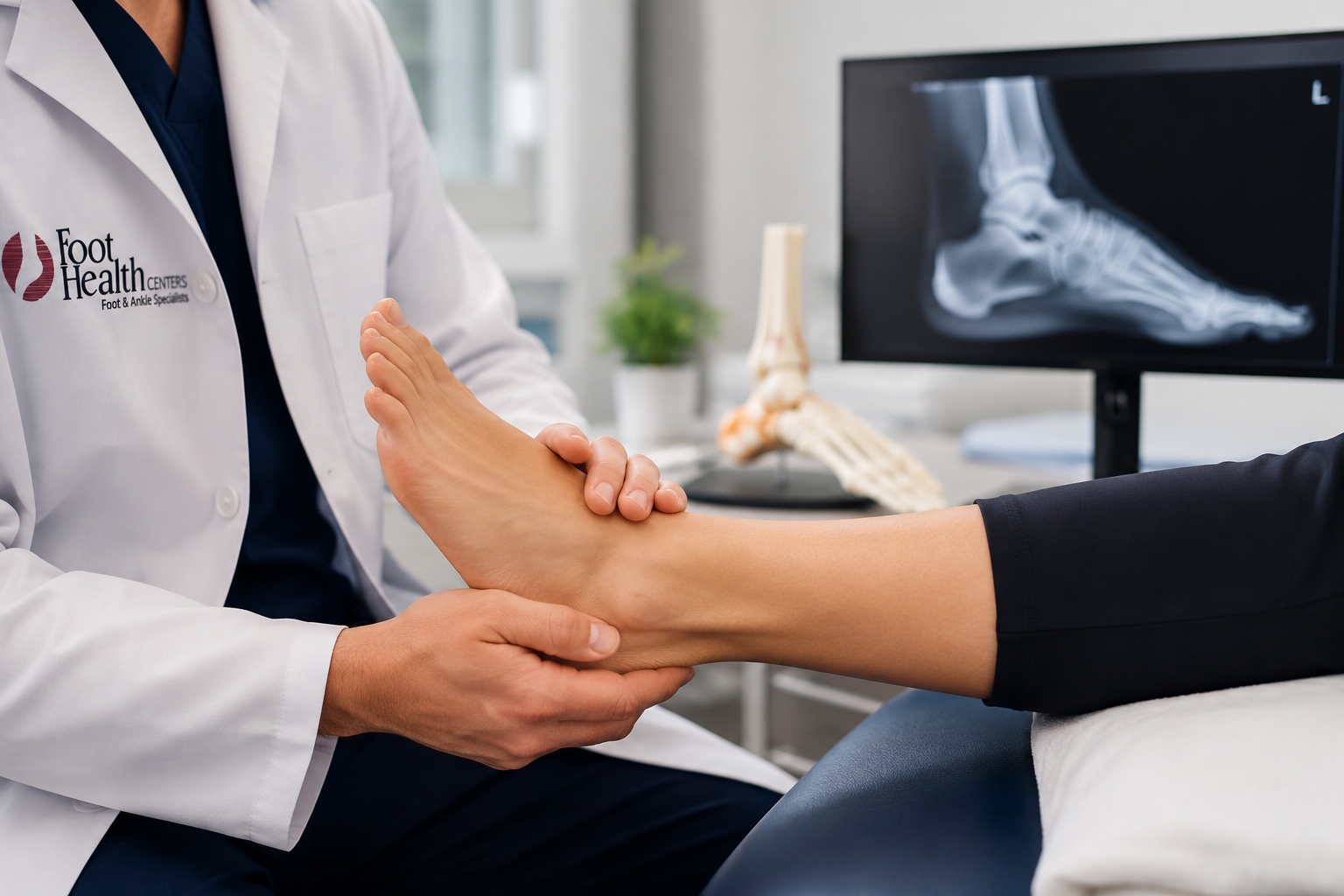 Podiatrist examining a patient's foot and ankle with X-ray imaging in a clinic.